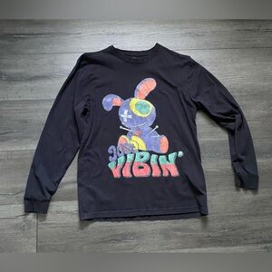 Track 23 Mens Bunny Just Vibin' Long Sleeve Graphic T-Shirt Black Size Medium